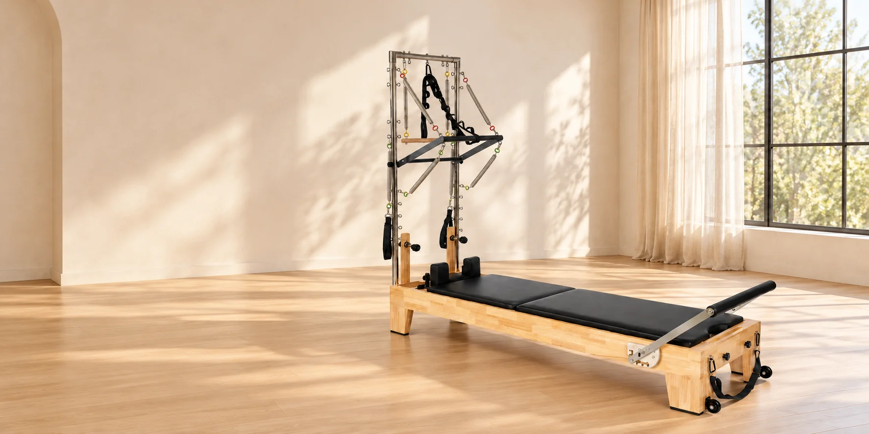 Oak Reformer with Half Tower in a styled sunlit room