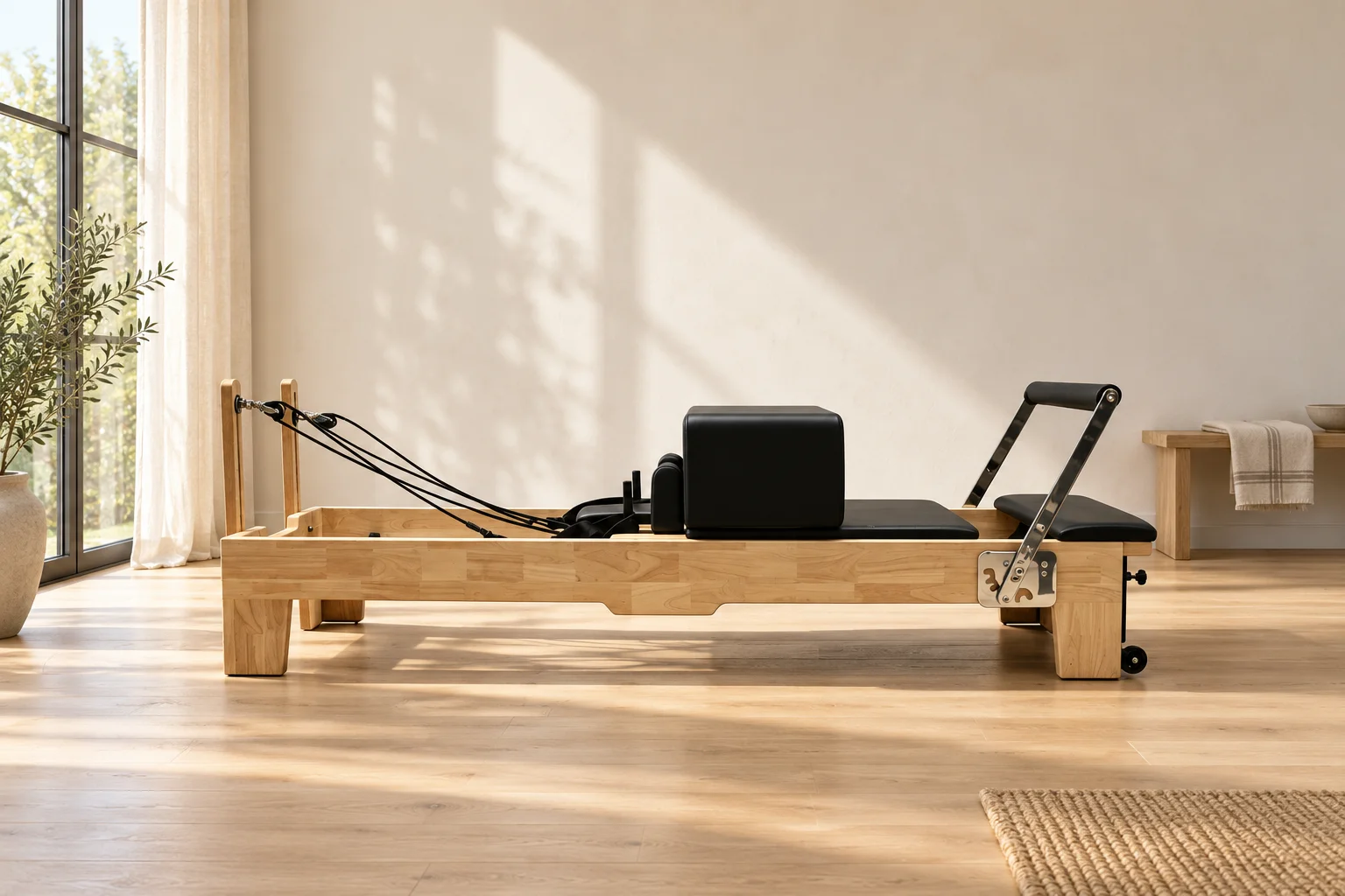 MJD-M101A Oak Pilates Reformer with Wooden Legs — styled room setting
